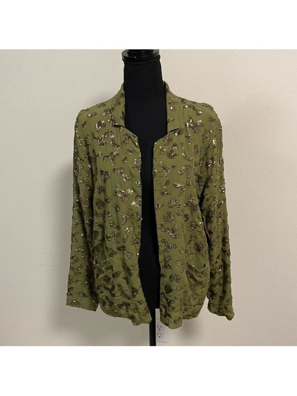 Lucky Brand Jacket Womens Size XS Green Sequin Open Front Jacket